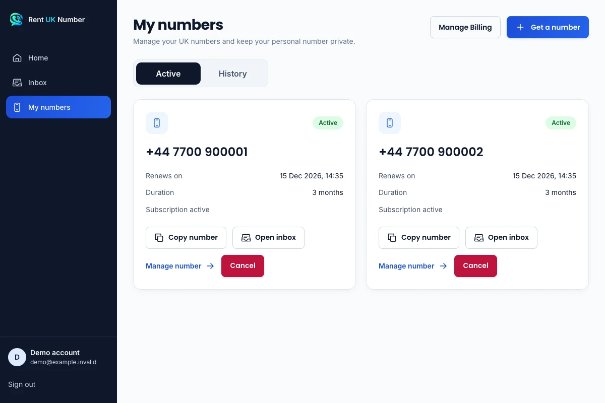 Rent UK Number My numbers screen with two demonstration numbers, renewal dates, Copy number and Open inbox controls.